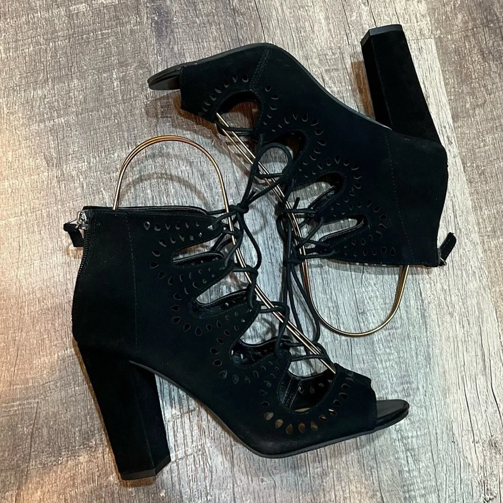 Womens Black Suede Lace up Block Heels Size 7.5 14th &‎ Union Cecily-Lea